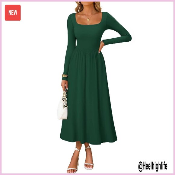 Elegant Square Neck Long Sleeve Midi Dress Wedding Guest Party